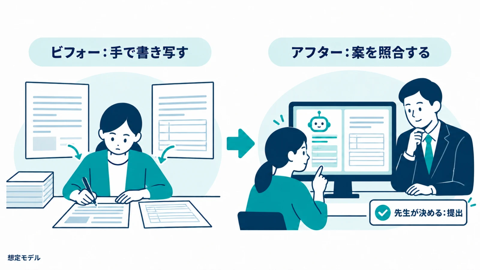 ビフォー：依頼書から申請書へ手で書き写し、最後に読み合わせで照合する／アフター：AIが転記の案を作り、人は元の書類と照合してから出す（想定モデルの図）